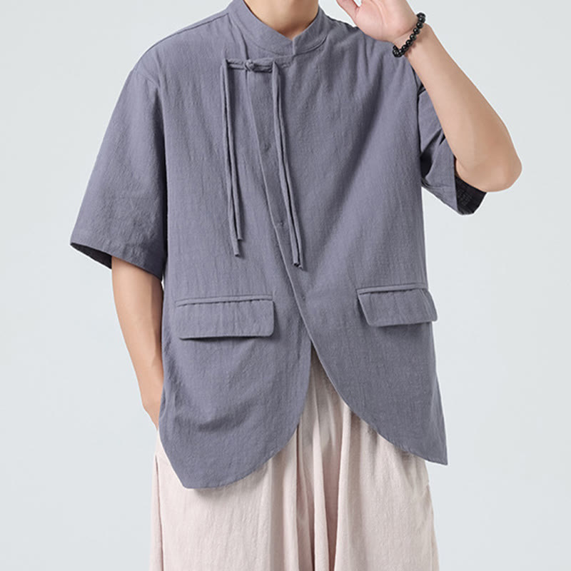 Buddha Stones Vintage Einfarbig Unregelmäßiger Saum Design Stehkragen Herren Halbarm Baumwollhemd Strickjacke Mit Taschen - image 26