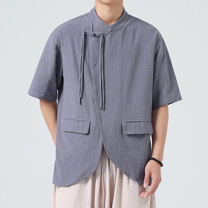 Buddha Stones Vintage Einfarbig Unregelmäßiger Saum Design Stehkragen Herren Halbarm Baumwollhemd Strickjacke Mit Taschen - image 23