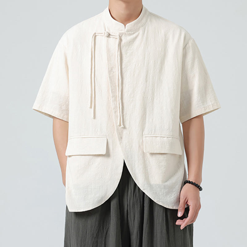Buddha Stones Vintage Einfarbig Unregelmäßiger Saum Design Stehkragen Herren Halbarm Baumwollhemd Strickjacke Mit Taschen - Beige - US/ UK/AU46，EU56 (5XL) - image 0