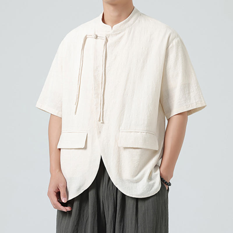 Buddha Stones Vintage Einfarbig Unregelmäßiger Saum Design Stehkragen Herren Halbarm Baumwollhemd Strickjacke Mit Taschen - image 4