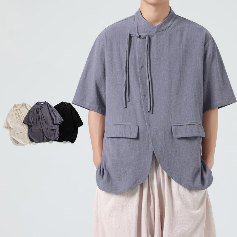 Buddha Stones Vintage Einfarbig Unregelmäßiger Saum Design Stehkragen Herren Halbarm Baumwollhemd Strickjacke Mit Taschen - Hellschiefergrau - US/ UK/AU46, EU56 (5XL) - image 18