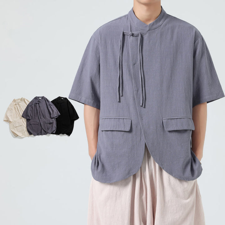 Buddha Stones Vintage Einfarbig Unregelmäßiger Saum Design Stehkragen Herren Halbarm Baumwollhemd Strickjacke Mit Taschen - Hellschiefergrau - US/ UK/AU46, EU56 (5XL) - image 18