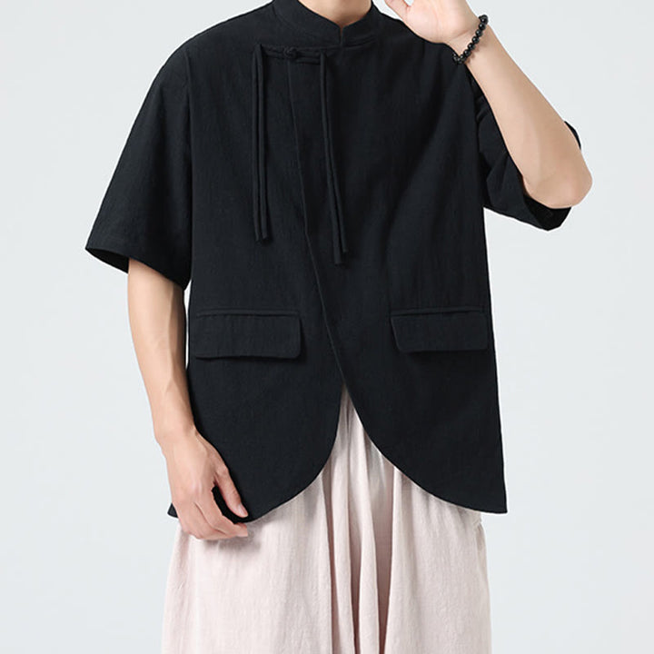 Buddha Stones Vintage Einfarbig Unregelmäßiger Saum Design Stehkragen Herren Halbarm Baumwollhemd Strickjacke Mit Taschen - image 17