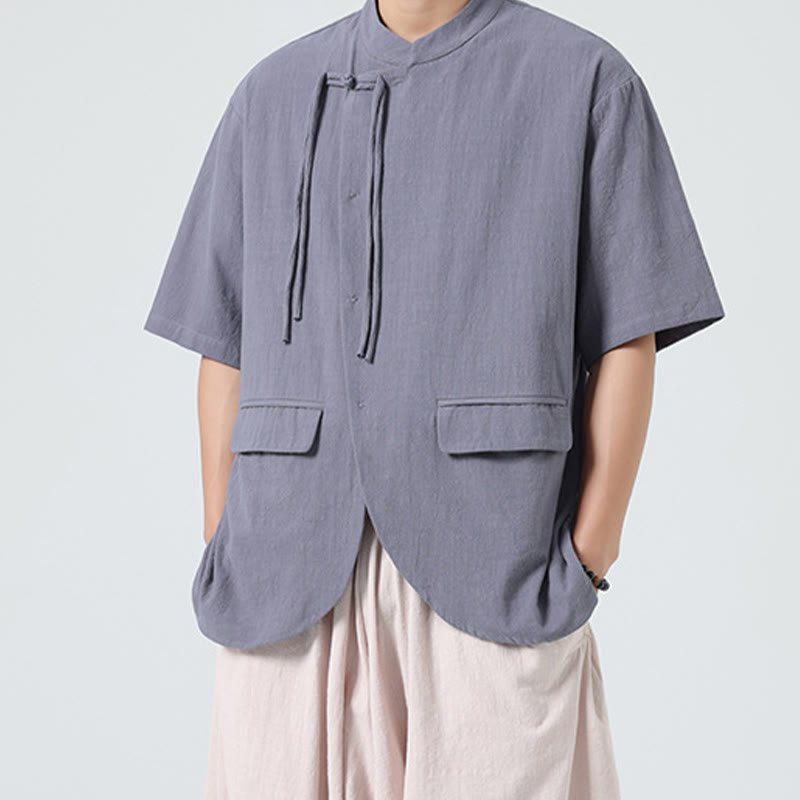 Buddha Stones Vintage Einfarbig Unregelmäßiger Saum Design Stehkragen Herren Halbarm Baumwollhemd Strickjacke Mit Taschen - image 21