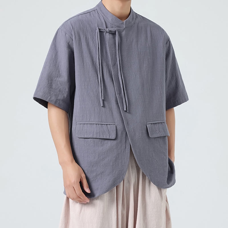 Buddha Stones Vintage Einfarbig Unregelmäßiger Saum Design Stehkragen Herren Halbarm Baumwollhemd Strickjacke Mit Taschen - image 24