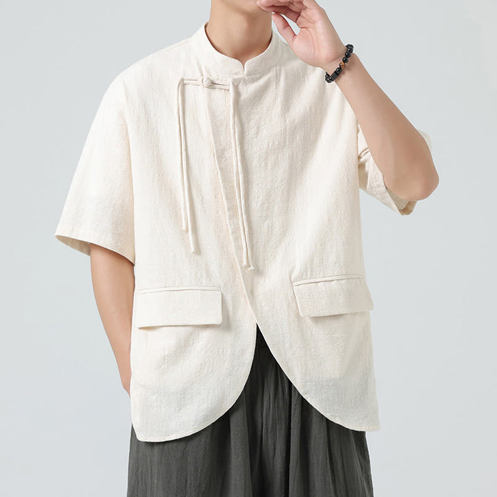 Buddha Stones Vintage Einfarbig Unregelmäßiger Saum Design Stehkragen Herren Halbarm Baumwollhemd Strickjacke Mit Taschen - image 2