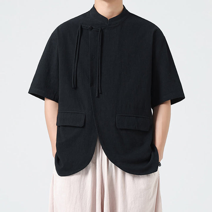 Buddha Stones Vintage Einfarbig Unregelmäßiger Saum Design Stehkragen Herren Halbarm Baumwollhemd Strickjacke Mit Taschen - image 13