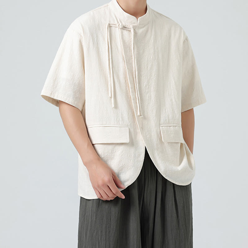 Buddha Stones Vintage Einfarbig Unregelmäßiger Saum Design Stehkragen Herren Halbarm Baumwollhemd Strickjacke Mit Taschen - image 5