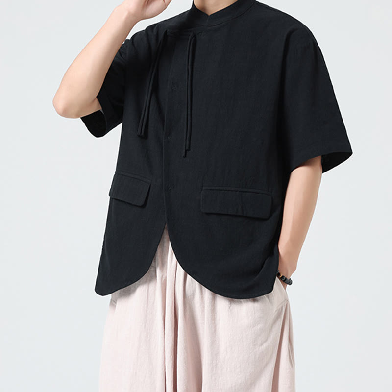 Buddha Stones Vintage Einfarbig Unregelmäßiger Saum Design Stehkragen Herren Halbarm Baumwollhemd Strickjacke Mit Taschen - image 15