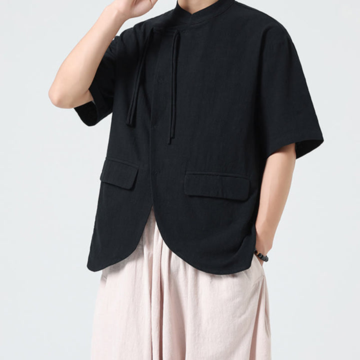 Buddha Stones Vintage Einfarbig Unregelmäßiger Saum Design Stehkragen Herren Halbarm Baumwollhemd Strickjacke Mit Taschen - image 15