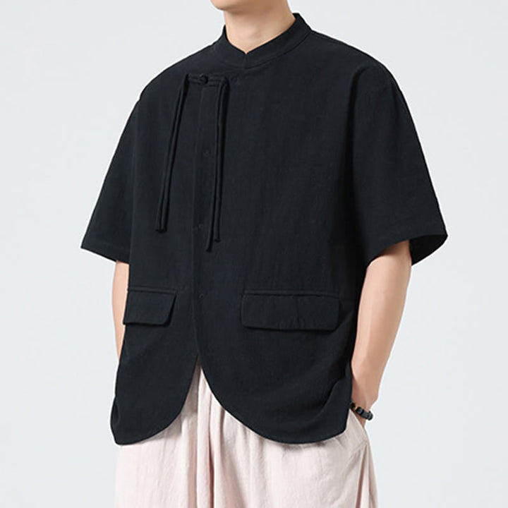 Buddha Stones Vintage Einfarbig Unregelmäßiger Saum Design Stehkragen Herren Halbarm Baumwollhemd Strickjacke Mit Taschen - image 11