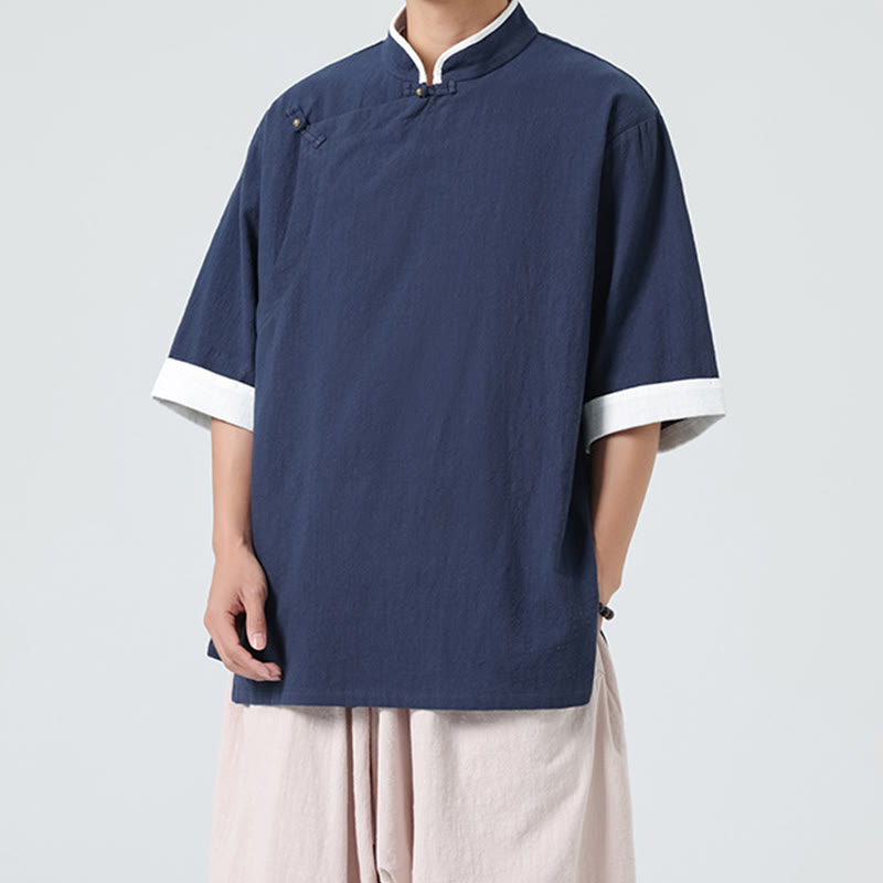 Buddha Stones Vintage Frühlings-Farbenabstimmung Kragen Schräge Knopfleiste Design Herren Halbarm Baumwoll-Leinen-Hemd - image 1