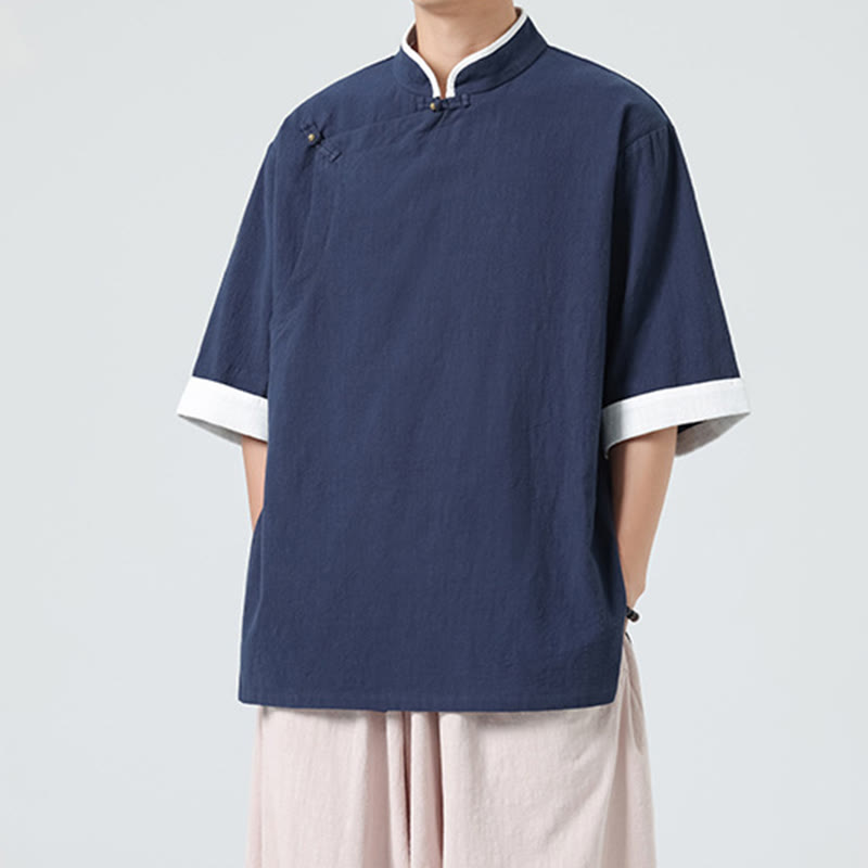 Buddha Stones Vintage Frühlings-Farbenabstimmung Kragen Schräge Knopfleiste Design Herren Halbarm Baumwoll-Leinen-Hemd - Mitternachtsblau - US/ UK/AU46, EU56 (5XL) - image 0