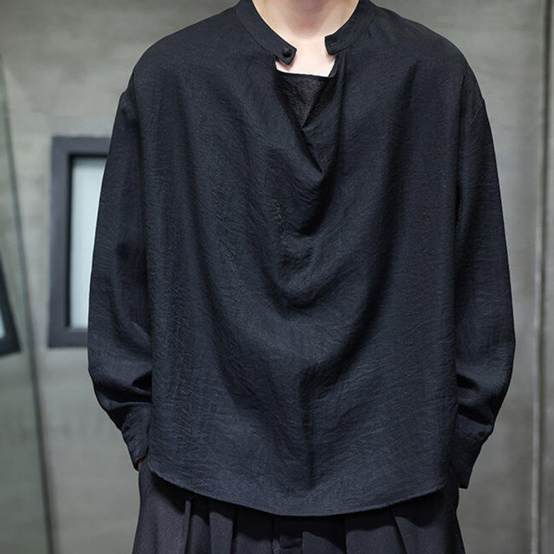 Buddha Stones Spring Einfarbiges, plissiertes Stehkragen-Design Tang-Anzug Herren Langarm-Leinenhemd - image 10