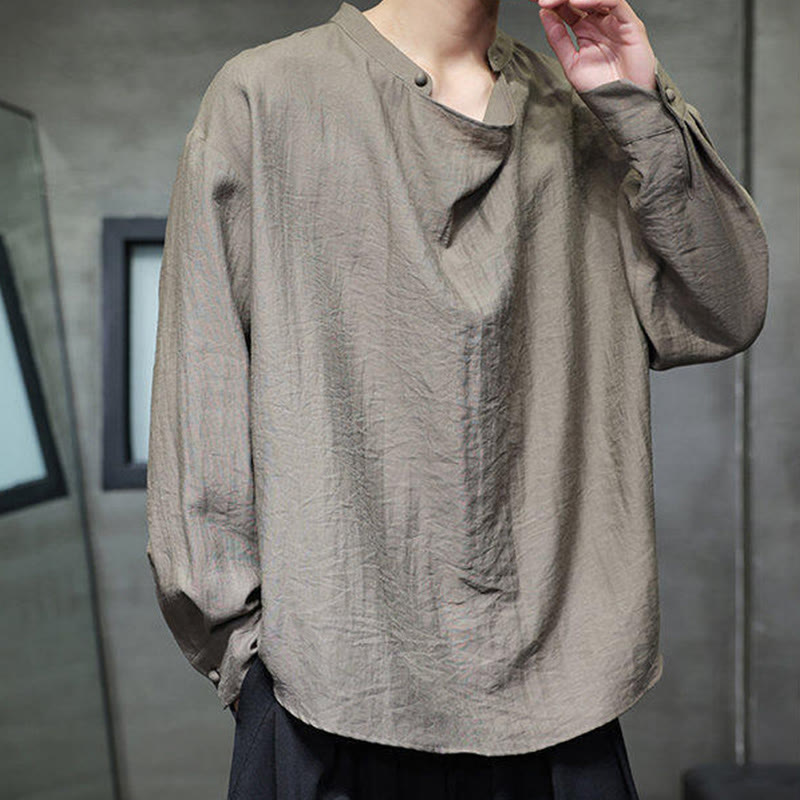 Buddha Stones Spring Einfarbiges, plissiertes Stehkragen-Design Tang-Anzug Herren Langarm-Leinenhemd - image 1