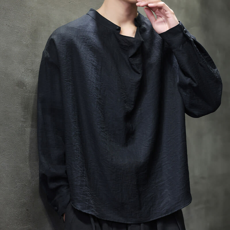 Buddha Stones Spring Einfarbiges, plissiertes Stehkragen-Design Tang-Anzug Herren Langarm-Leinenhemd - image 13