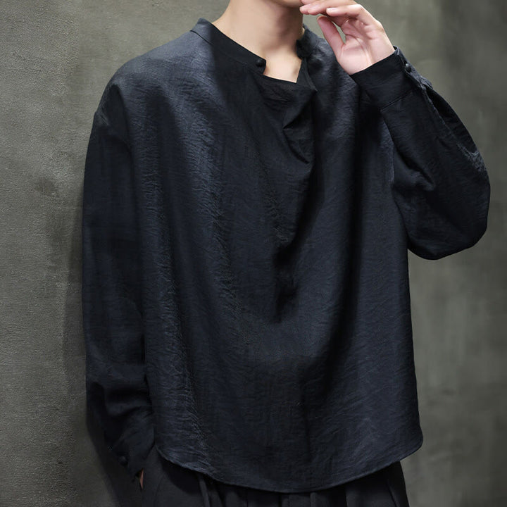 Buddha Stones Spring Einfarbiges, plissiertes Stehkragen-Design Tang-Anzug Herren Langarm-Leinenhemd - image 13