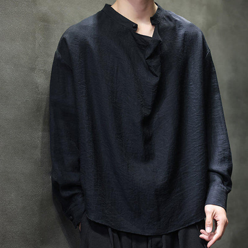 Buddha Stones Spring Einfarbiges, plissiertes Stehkragen-Design Tang-Anzug Herren Langarm-Leinenhemd - image 12