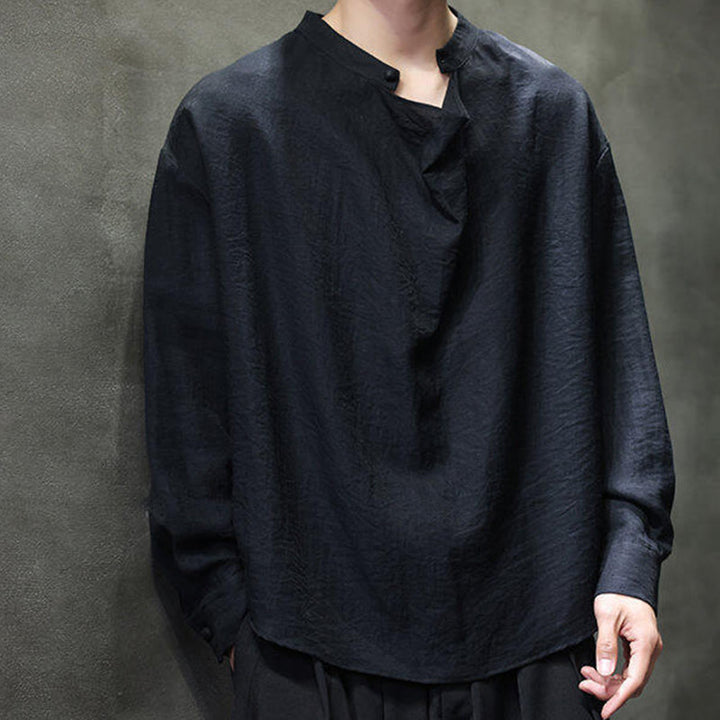 Buddha Stones Spring Einfarbiges, plissiertes Stehkragen-Design Tang-Anzug Herren Langarm-Leinenhemd - image 12