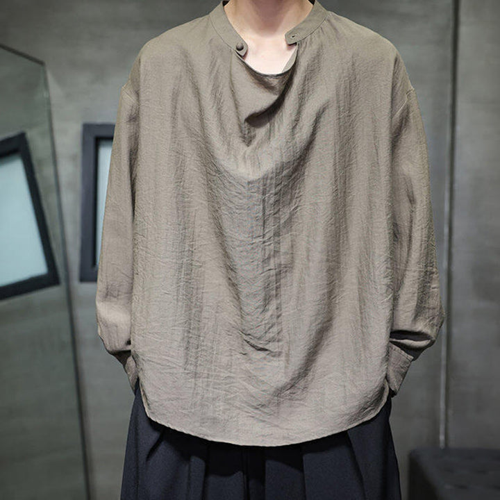 Buddha Stones Spring Einfarbiges, plissiertes Stehkragen-Design Tang-Anzug Herren Langarm-Leinenhemd - Dunkelkhaki - US/ UK/AU46, EU56 (5XL) - image 0