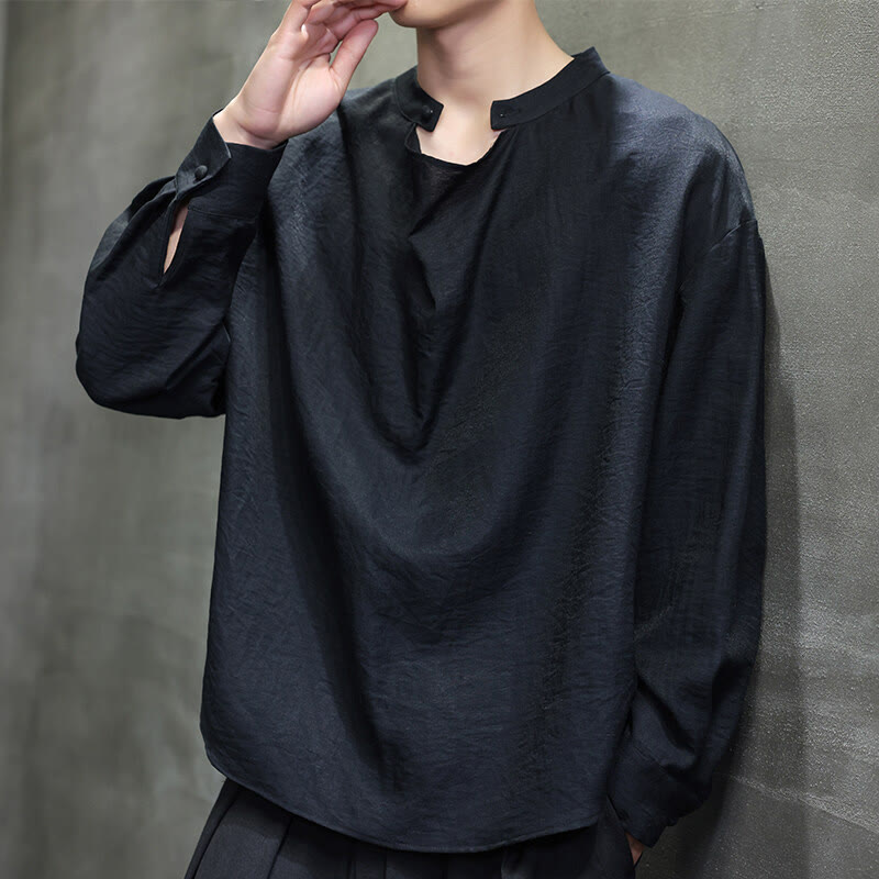 Buddha Stones Spring Einfarbiges, plissiertes Stehkragen-Design Tang-Anzug Herren Langarm-Leinenhemd - image 9