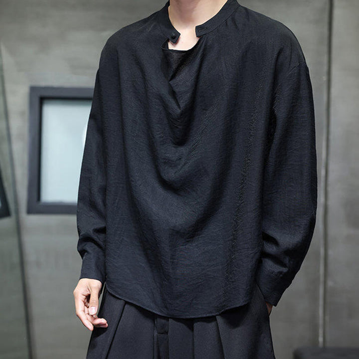 Buddha Stones Spring Einfarbiges, plissiertes Stehkragen-Design Tang-Anzug Herren Langarm-Leinenhemd - Schwarz - US/ UK/AU46, EU56 (5XL) - image 8