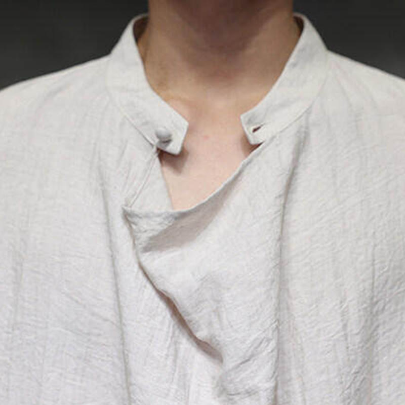 Buddha Stones Spring Einfarbiges, plissiertes Stehkragen-Design Tang-Anzug Herren Langarm-Leinenhemd - image 23