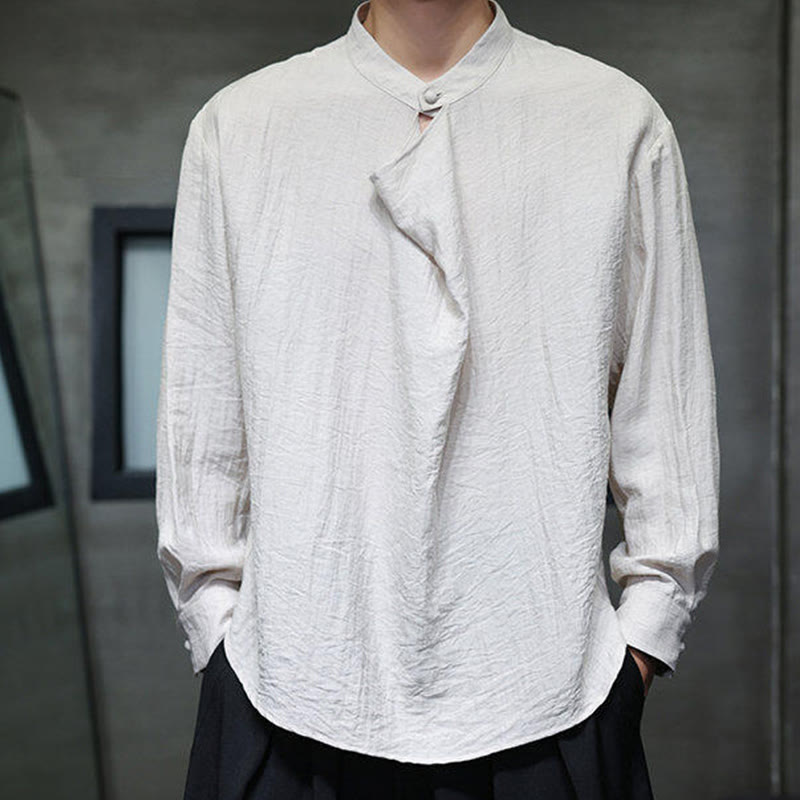 Buddha Stones Spring Einfarbiges, plissiertes Stehkragen-Design Tang-Anzug Herren Langarm-Leinenhemd - image 19