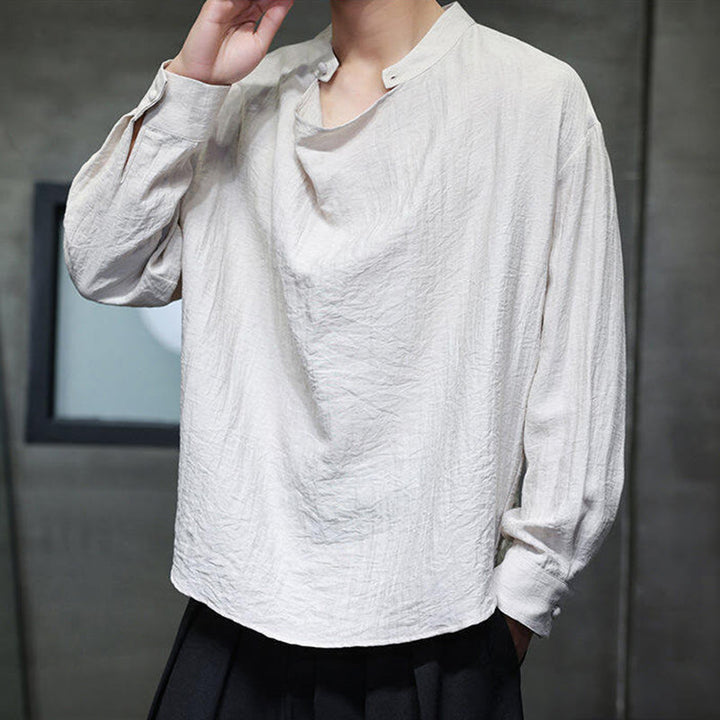 Buddha Stones Spring Einfarbiges, plissiertes Stehkragen-Design Tang-Anzug Herren Langarm-Leinenhemd - image 20