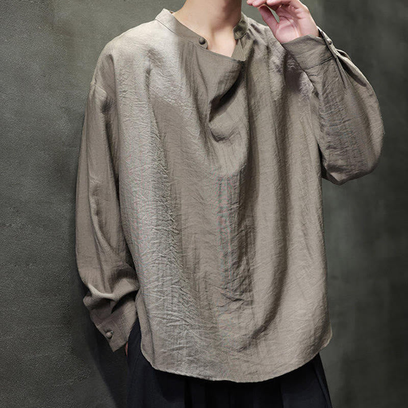 Buddha Stones Spring Einfarbiges, plissiertes Stehkragen-Design Tang-Anzug Herren Langarm-Leinenhemd - image 6