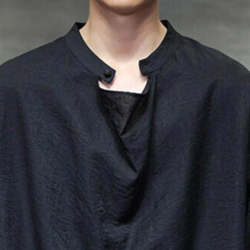 Buddha Stones Spring Einfarbiges, plissiertes Stehkragen-Design Tang-Anzug Herren Langarm-Leinenhemd - image 14