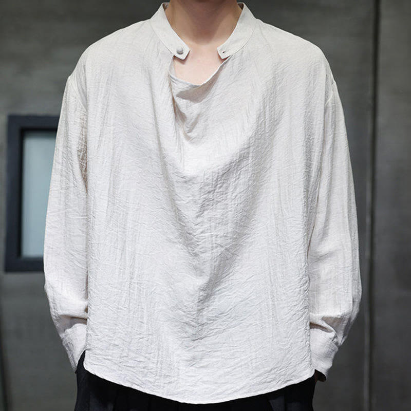 Buddha Stones Spring Einfarbiges, plissiertes Stehkragen-Design Tang-Anzug Herren Langarm-Leinenhemd - image 21