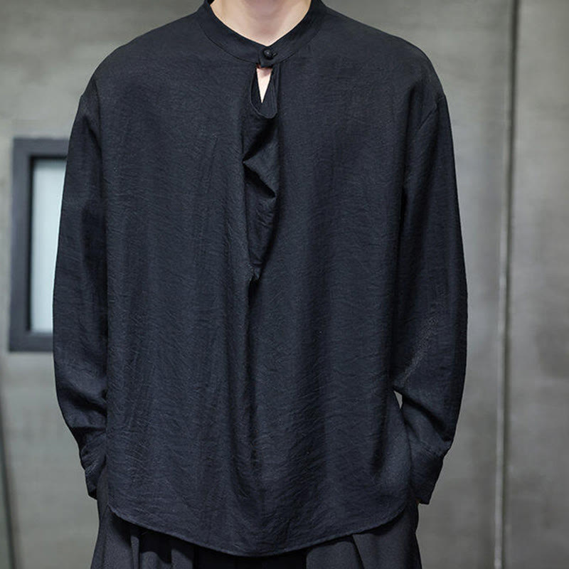 Buddha Stones Spring Einfarbiges, plissiertes Stehkragen-Design Tang-Anzug Herren Langarm-Leinenhemd - image 11