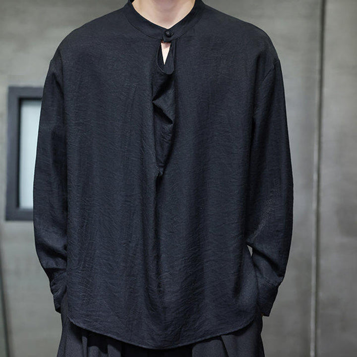 Buddha Stones Spring Einfarbiges, plissiertes Stehkragen-Design Tang-Anzug Herren Langarm-Leinenhemd - image 11