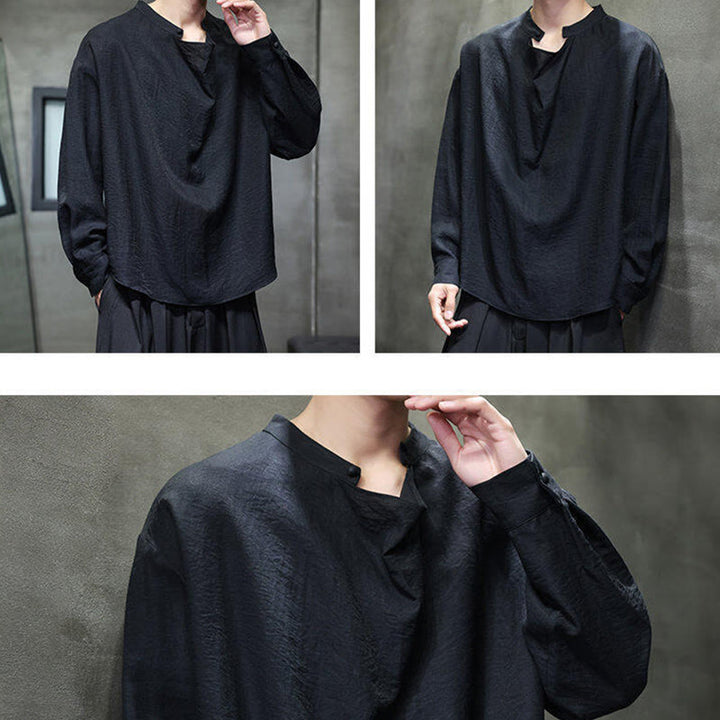 Buddha Stones Spring Einfarbiges, plissiertes Stehkragen-Design Tang-Anzug Herren Langarm-Leinenhemd - image 16