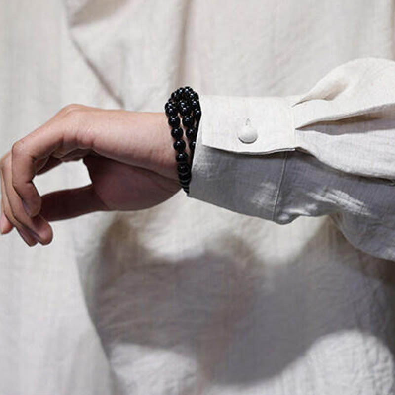 Buddha Stones Spring Einfarbiges, plissiertes Stehkragen-Design Tang-Anzug Herren Langarm-Leinenhemd - image 24