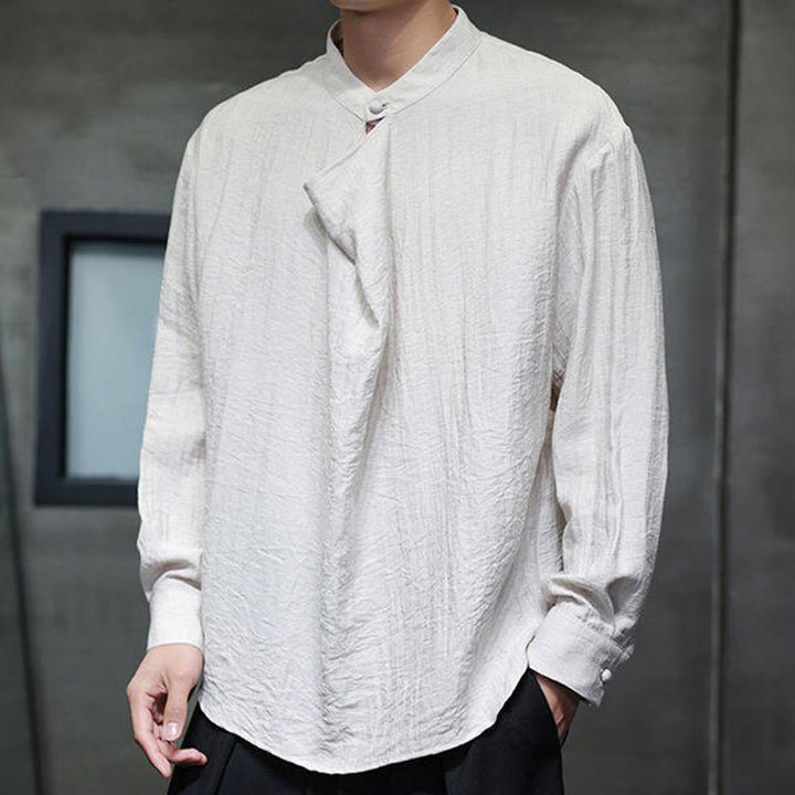 Buddha Stones Spring Einfarbiges, plissiertes Stehkragen-Design Tang-Anzug Herren Langarm-Leinenhemd - FloralWeiß - US/ UK/AU46, EU56 (5XL) - image 17