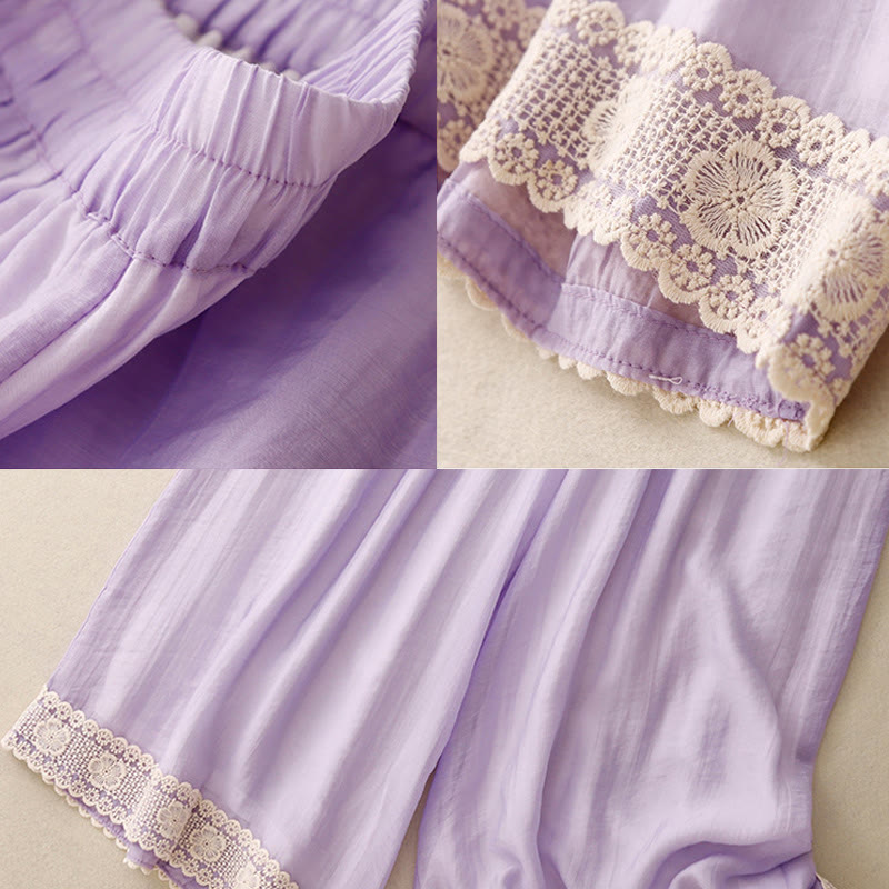 Buddha Stones Frühlings-Vintage-beiläufige, einfarbige Spitze mit Patchwork-Manschetten, Damenhose aus Baumwollleinen mit weitem Bein und Taschen - image 19