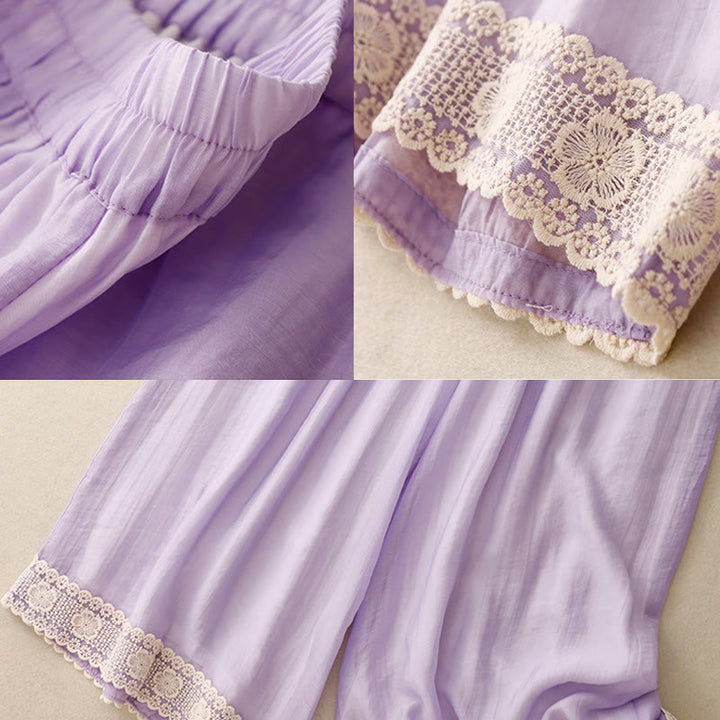 Buddha Stones Frühlings-Vintage-beiläufige, einfarbige Spitze mit Patchwork-Manschetten, Damenhose aus Baumwollleinen mit weitem Bein und Taschen - image 19