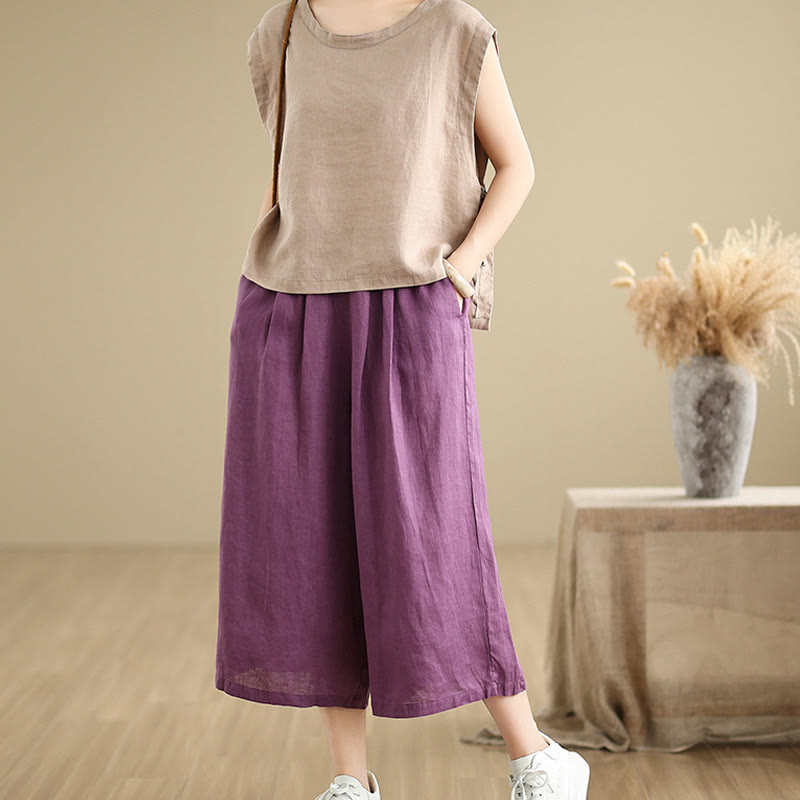 Buddha Stones Sommer Einfarbig Patchwork Einfaches Design Damen Baumwolle Weites Bein Kurze Hose Mit Taschen