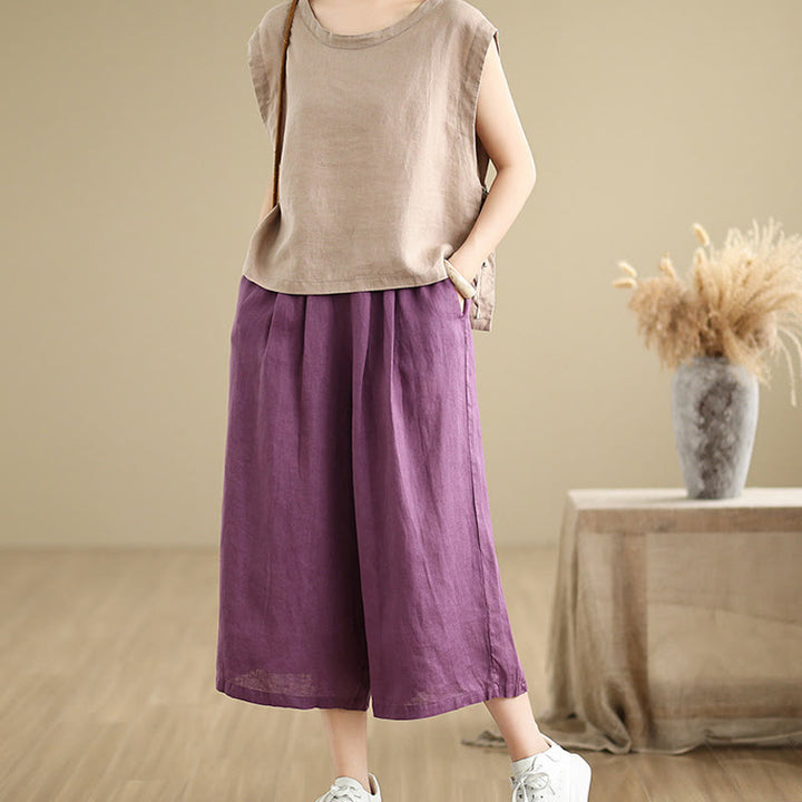 Buddha Stones Sommer Einfarbig Patchwork Einfaches Design Damen Baumwolle Weites Bein Kurze Hose Mit Taschen