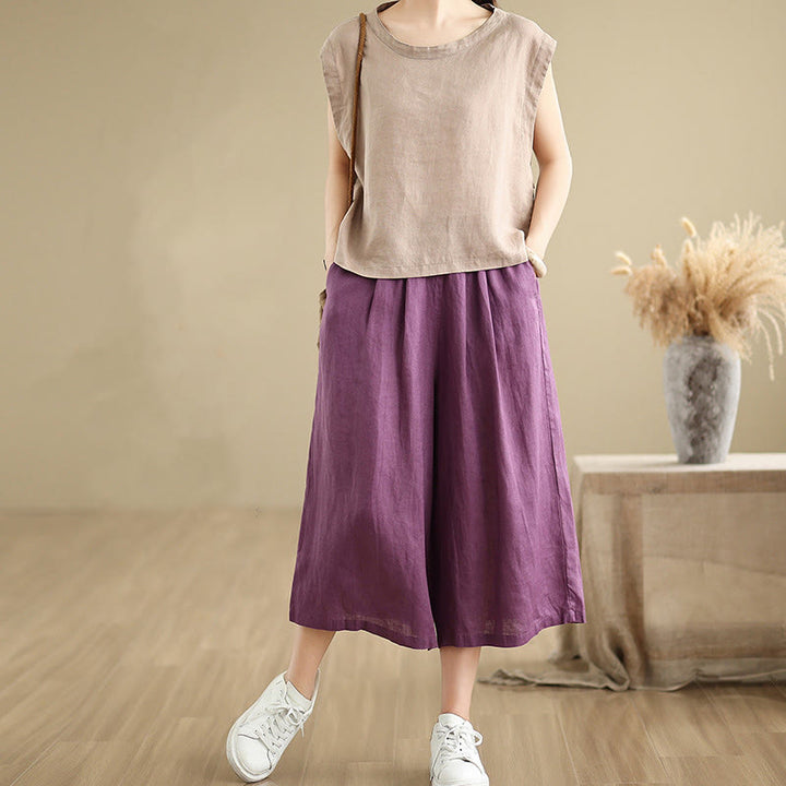 Buddha Stones Sommer Einfarbig Patchwork Einfaches Design Damen Baumwolle Weites Bein Kurze Hose Mit Taschen