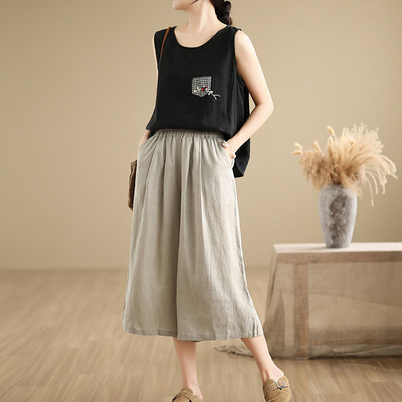 Buddha Stones Sommer Einfarbig Patchwork Einfaches Design Damen Baumwolle Weites Bein Kurze Hose Mit Taschen