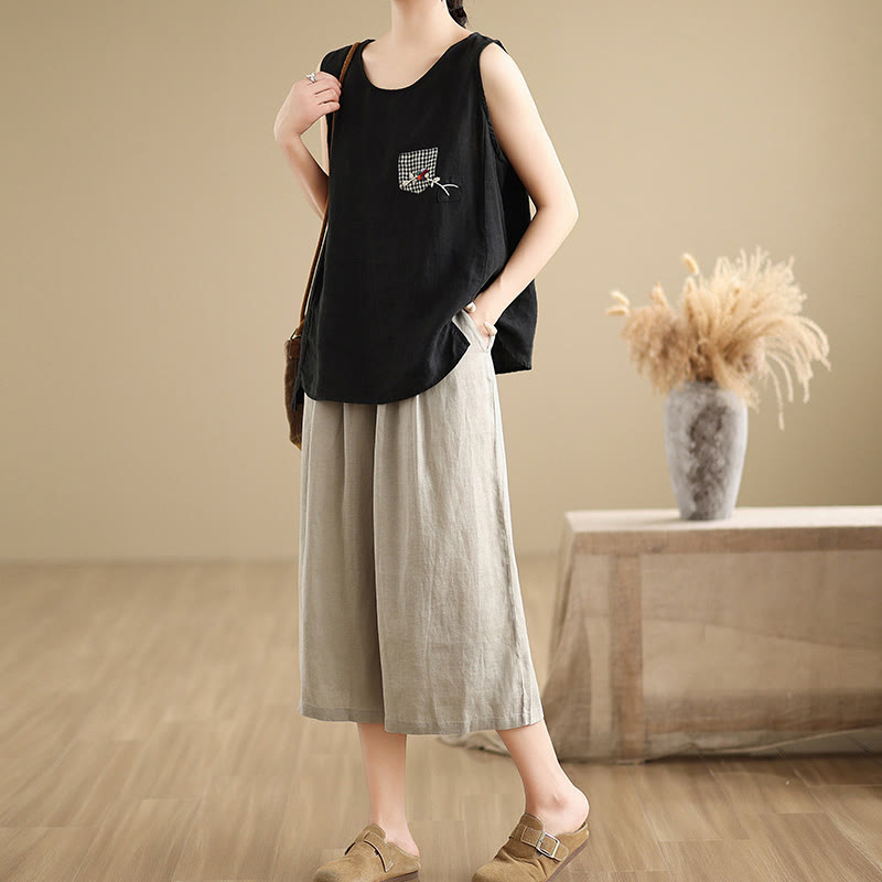 Buddha Stones Sommer Einfarbig Patchwork Einfaches Design Damen Baumwolle Weites Bein Kurze Hose Mit Taschen