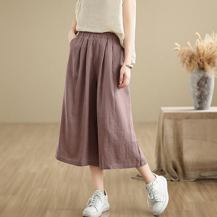 Buddha Stones Sommer Einfarbig Patchwork Einfaches Design Damen Baumwolle Weites Bein Kurze Hose Mit Taschen