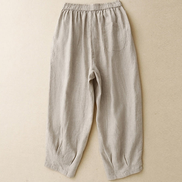 Buddha Stones Sommer-Baumwoll-Leinen-Hose mit Froschknöpfen und hoher Taille für Damen mit Taschen