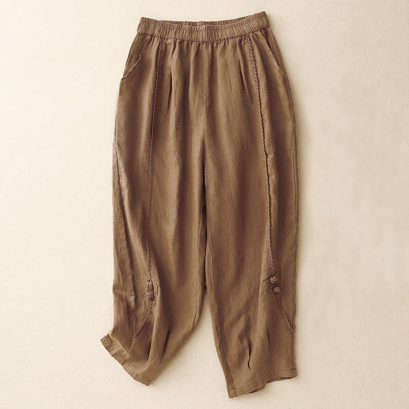 Buddha Stones Sommer-Baumwoll-Leinen-Hose mit Froschknöpfen und hoher Taille für Damen mit Taschen