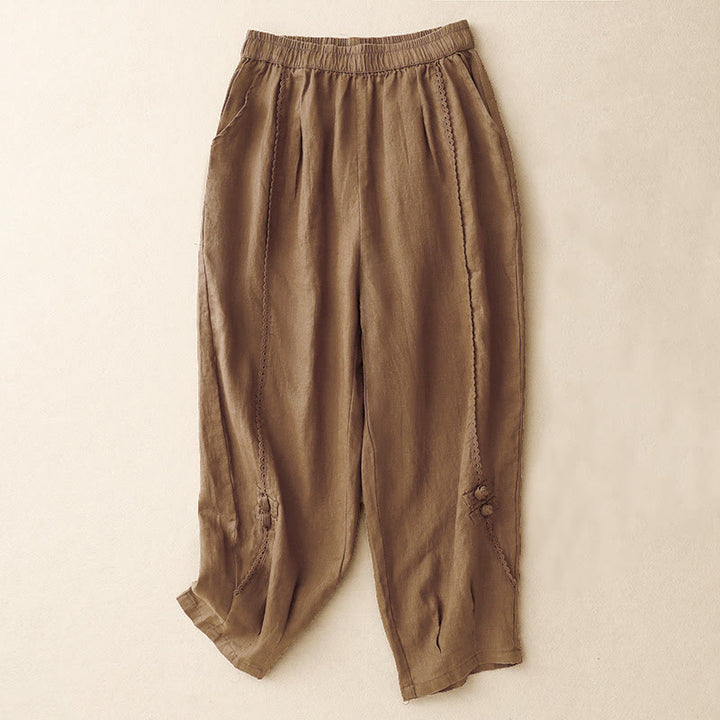 Buddha Stones Sommer-Baumwoll-Leinen-Hose mit Froschknöpfen und hoher Taille für Damen mit Taschen
