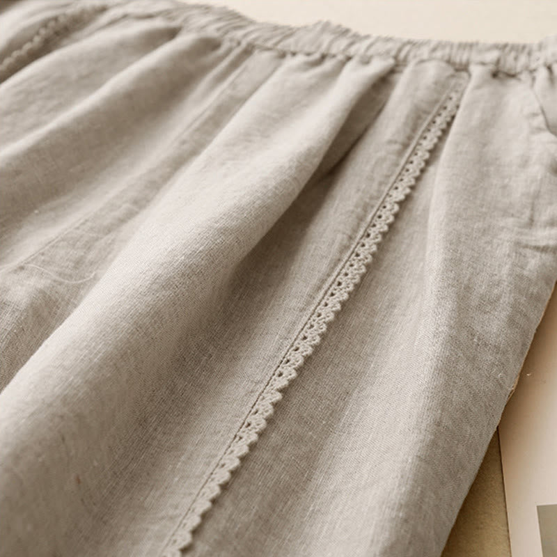 Buddha Stones Sommer-Baumwoll-Leinen-Hose mit Froschknöpfen und hoher Taille für Damen mit Taschen