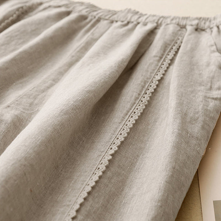Buddha Stones Sommer-Baumwoll-Leinen-Hose mit Froschknöpfen und hoher Taille für Damen mit Taschen